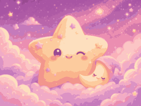 Bintang dan bulan kecil bergaya anime beristirahat di awan lilac.