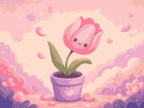 Tulip pink kawaii di pot lilac dengan kelopak dan kilau lembut.