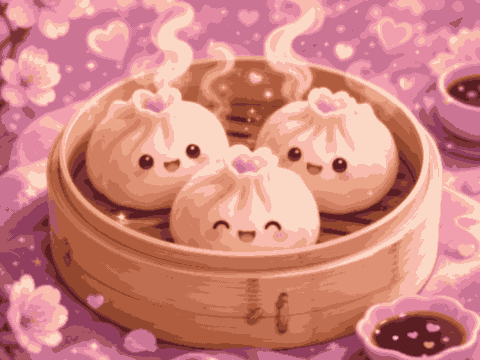 Tiga dimsum kawaii hangat di dalam kukusan bambu dengan hati pastel.