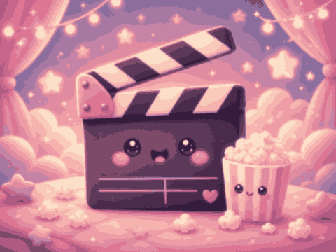 Clapperboard dan popcorn kawaii di panggung bioskop pastel.
