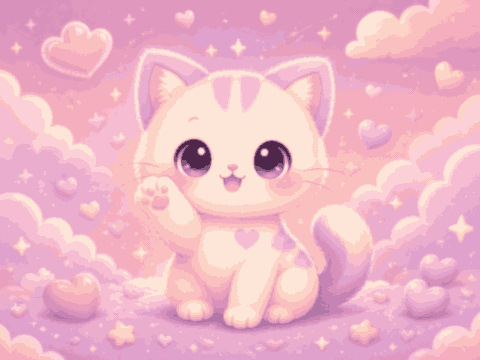Kucing chibi putih dan lilac melambaikan kaki di antara hati pastel.