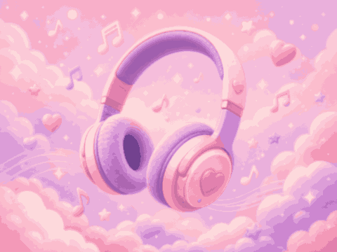 Headphone pink dan lilac melayang di antara not musik dan awan pastel.